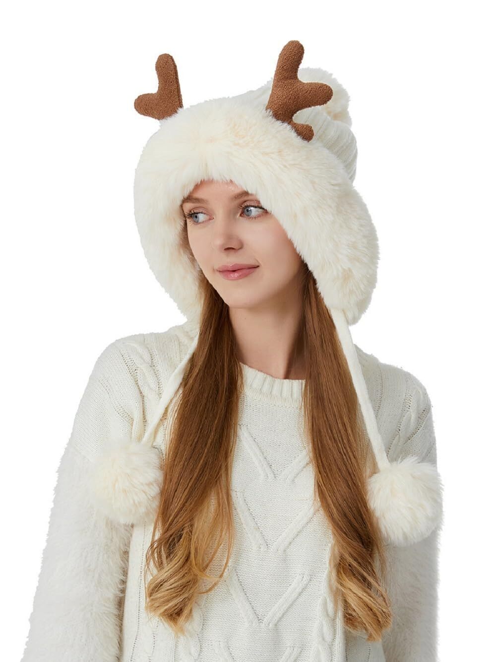 1165 Winter Warm Fluffy Knit Hooded Hat Cute Deer Antler Pompom Skull Cap